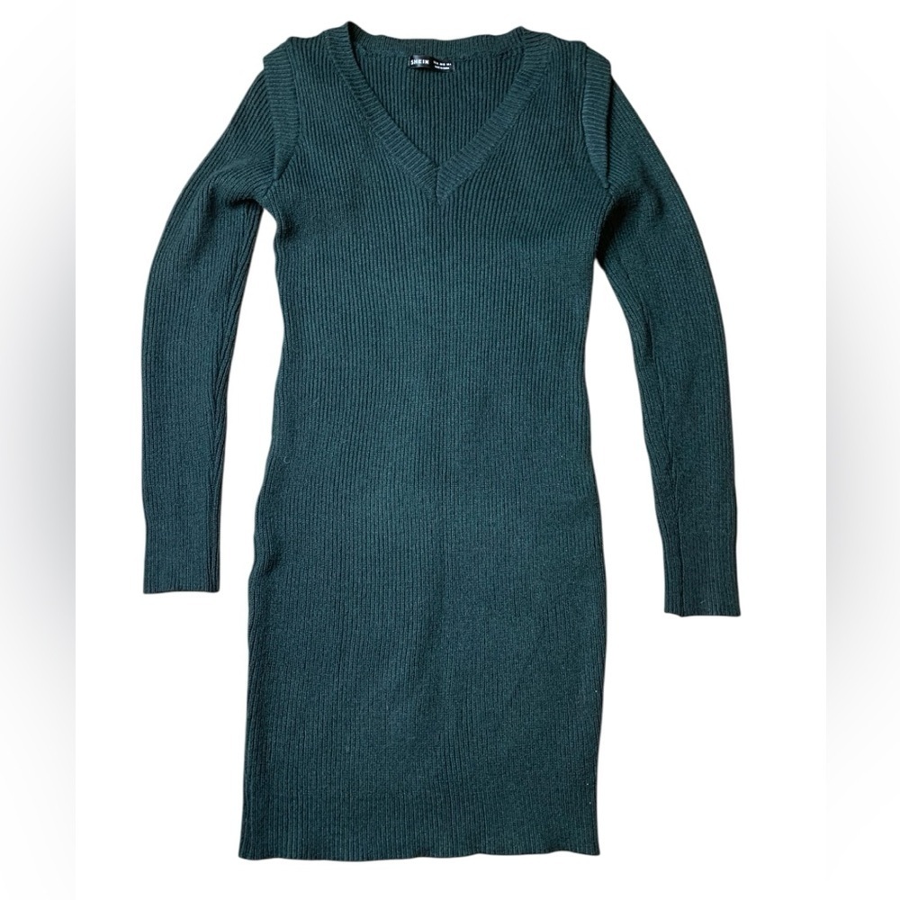 SHEIN Dark Green Ribbed Knit V-Neck Mini Dress M